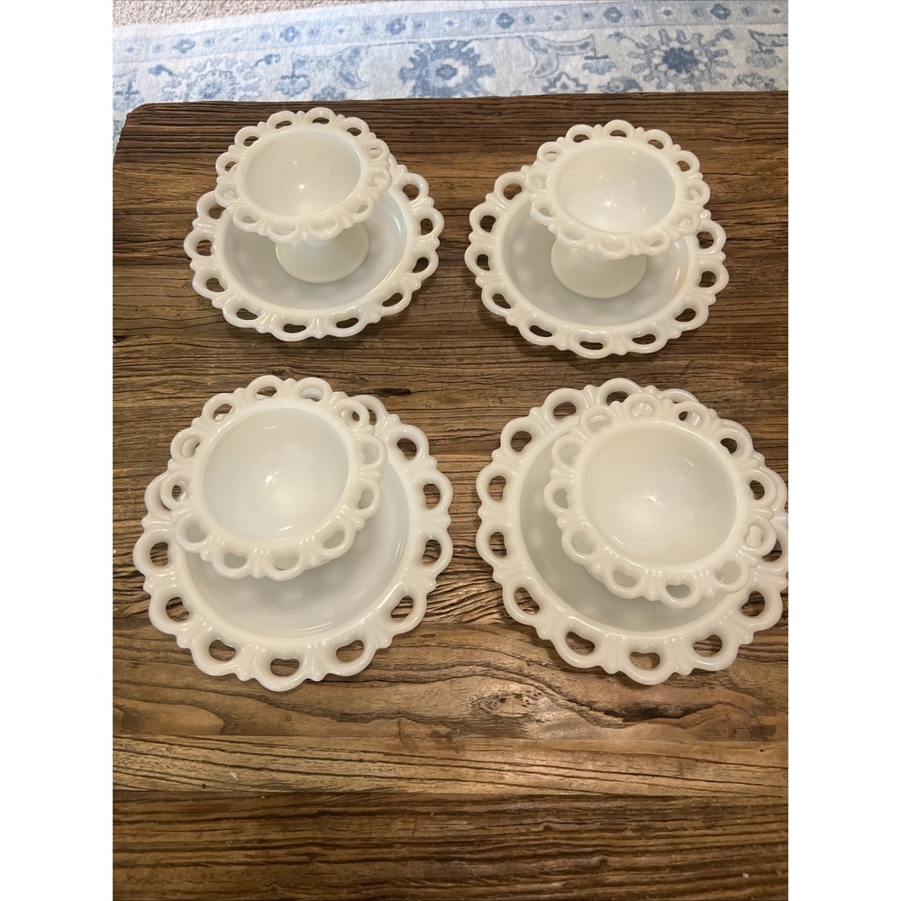 Vintage‎ Anchor Hocking Open Lace White Milk Glass Compote Bowl & Saucer Set 4